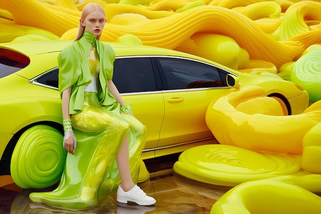 Foto ein model sitzt in einem gelben auto, umgeben von einem riesigen gelben pool.