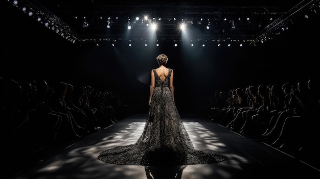 Ein Model steht in einem schwarzen Kleid mit schwarzem Rücken auf einer Bühne.