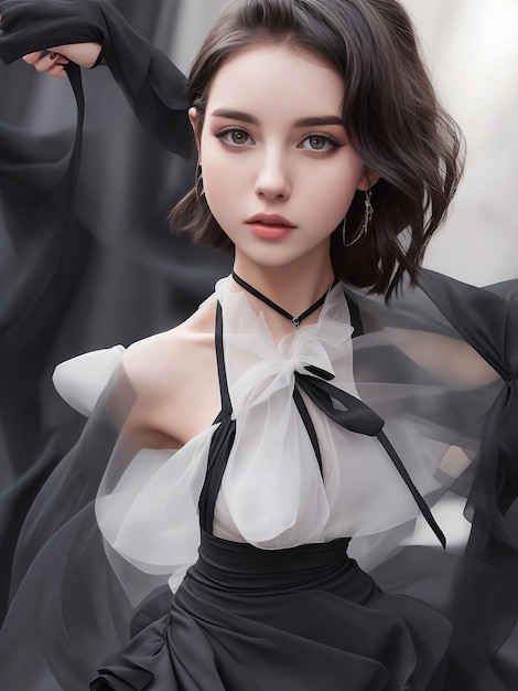 Ein Model trägt ein schwarz-weißes Kleid mit einem schwarzen Band um den Hals.