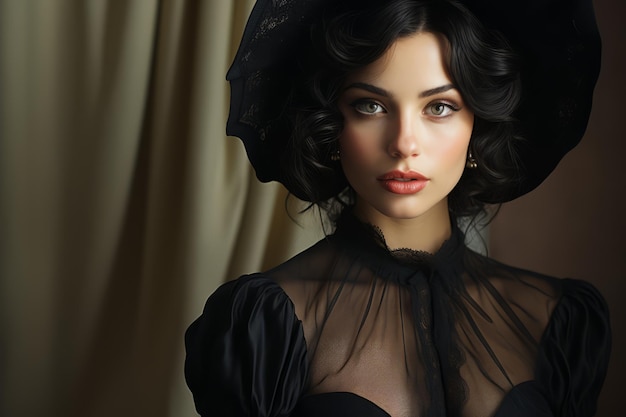 Ein Model trägt ein schwarzes Spitzenkleid mit einem schwarzen Hut.