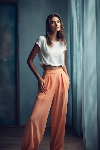 Ein Model trägt ein weißes Oberteil und eine orangefarbene Hose mit einem weißen Oberteil.