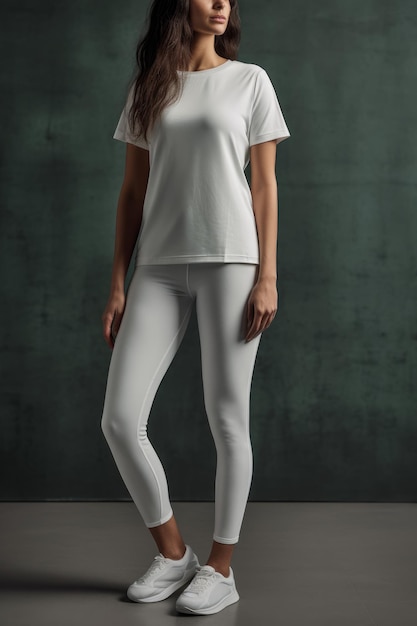 Ein model trägt ein weißes t-shirt und eine weiße leggings.