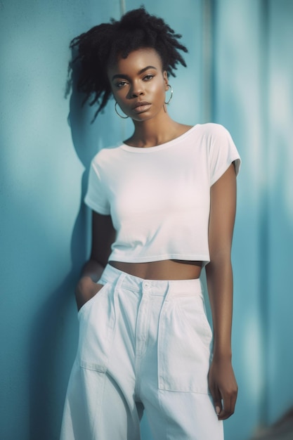 Ein Model trägt ein weißes Top und eine Hose vor einer blauen Wand.
