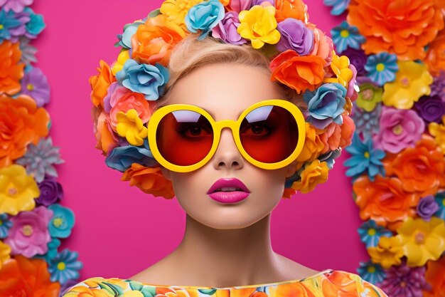 Ein Model trägt eine Perücke mit leuchtend gelber Brille und einem rosa Rahmen mit Blumen.