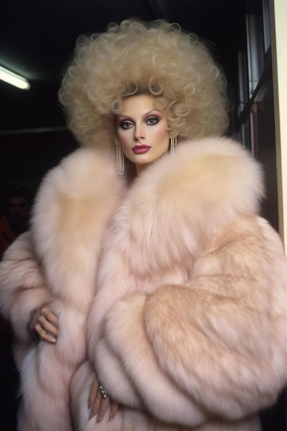 Ein Model trägt einen Pelzmantel mit einem rosafarbenen Pelzmantel.
