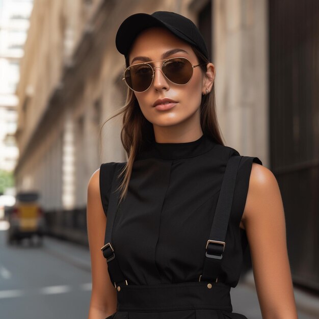 Ein Model trägt einen schwarzen Hut mit schwarzem Hut und Sonnenbrille.