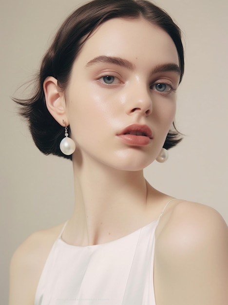 ein Modell, das ein weißes Kleid mit einem Perlenohrring trägt.