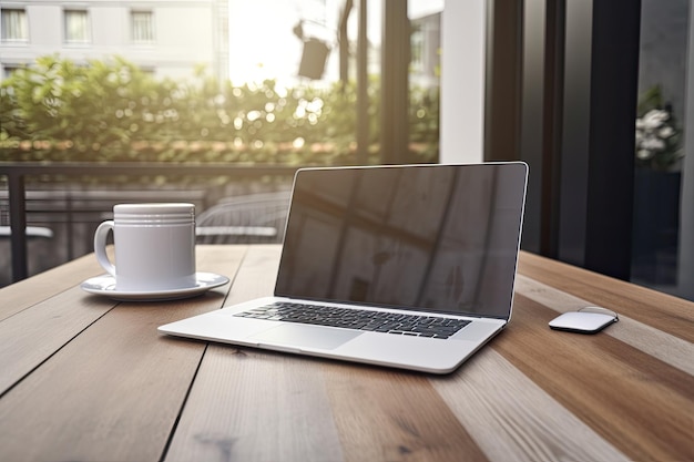 Ein Modell, das einen Laptop auf einem Hartholztisch mit einem weißen, leeren Bildschirm zeigt