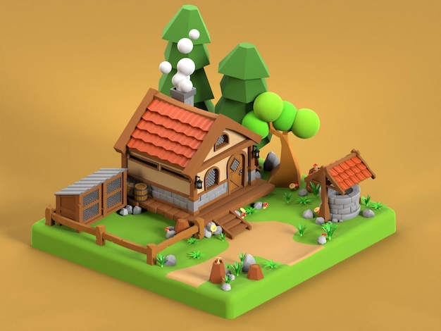 ein Modell einer Blockhütte mit einem Haus oben