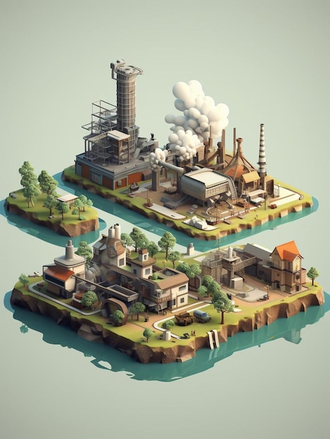 Ein Modell einer Fabrik mit einem Haus oben und einem Gebäude in der Mitte.
