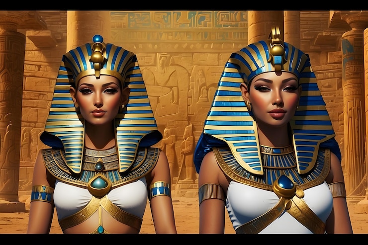Foto ein modell einer frau und einer frau vor einer pyramide