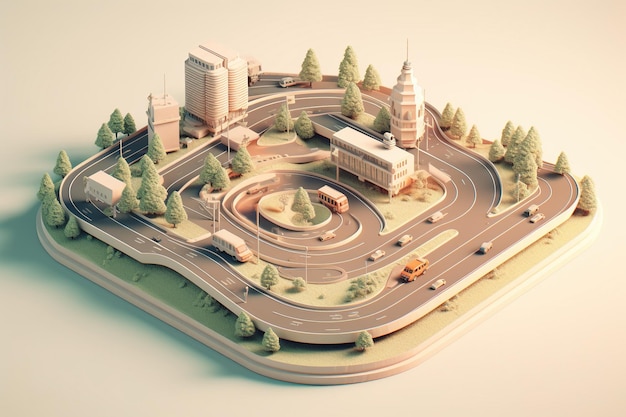 Ein Modell einer Stadt mit einer Straße und einem Bahnhof.
