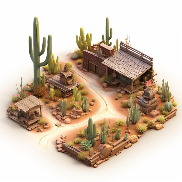 ein Modell einer Wüste mit einem Gebäude und einem Kaktus.