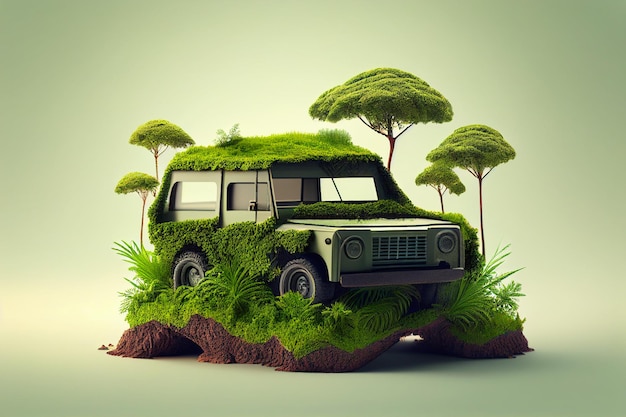 Ein Modell eines Autos mit einem Baum auf der Spitze.