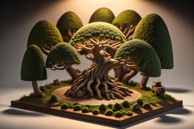 Ein Modell eines Baumes mit einem Auto im Hintergrund