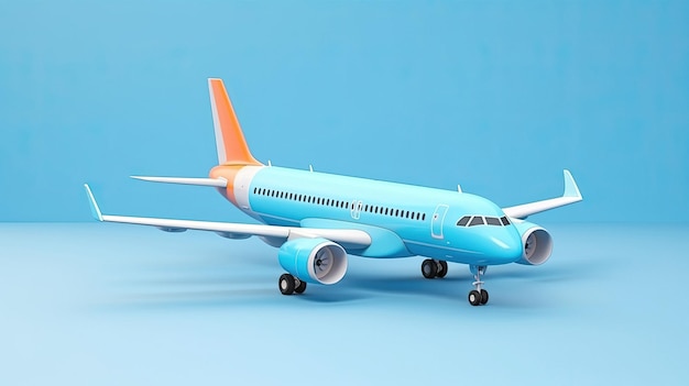 Ein Modell eines blauen Flugzeugs mit orangefarbenem Schwanz.