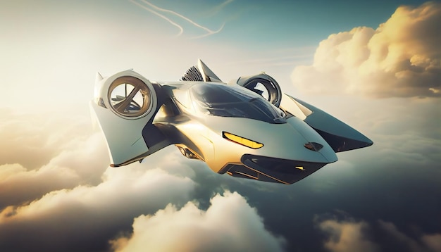 Ein Modell eines fliegenden Autos in der Luft über den Wolken Generative AIxA