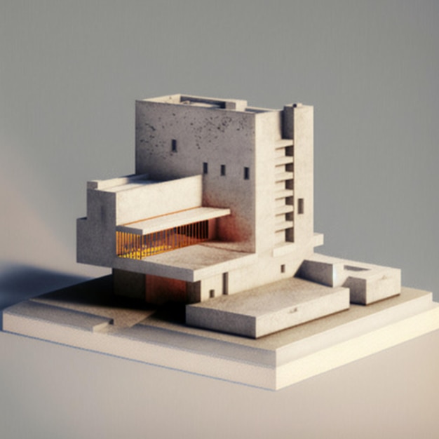 Ein Modell eines Gebäudes mit einem kleinen Balkon und einem kleinen Balkon.