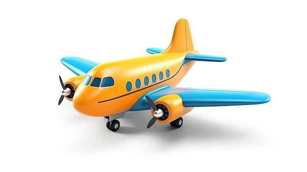 Ein Modell eines gelben Flugzeugs mit blauen und orangefarbenen Flügeln.