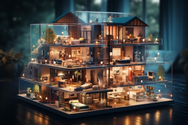 Ein Modell eines großen Hauses mit Innenräumen hinter Glas Ein modernes Smart Home