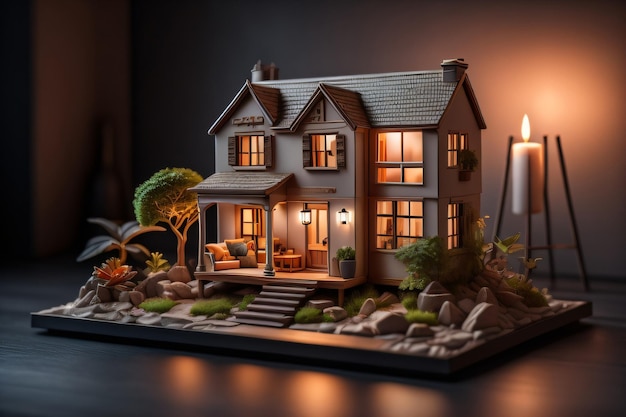 Ein Modell eines Hauses mit einem Buch auf dem Tisch