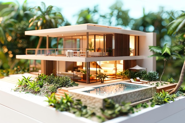 Ein Modell eines Hauses mit einem Pool und einer Palme im Hintergrund