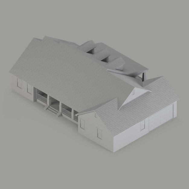 Ein Modell eines Hauses mit einer Garage. Isometrische Projektion. Sicht von oben. 3D-Rendering.