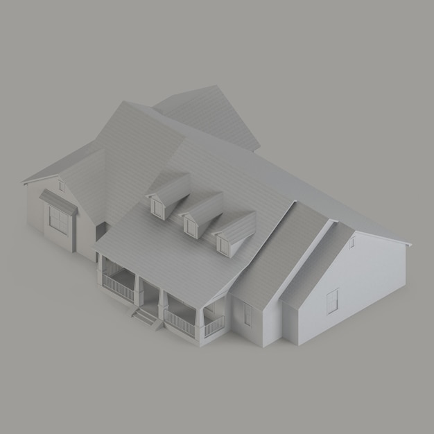 Ein Modell eines Hauses mit einer Garage. Isometrische Projektion. Sicht von oben. 3D-Rendering.