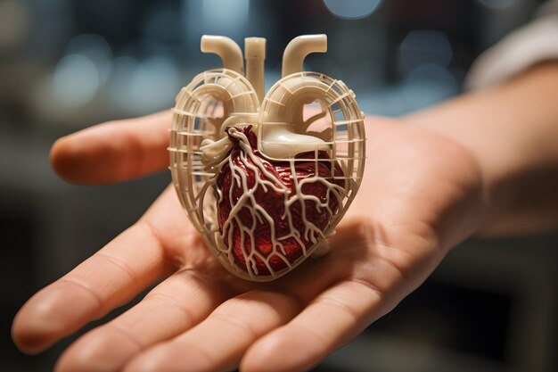 ein Modell eines menschlichen Herzens gedruckt auf einem 3D-Drucker im Labor der hohen medizinischen und digitalen