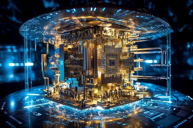 Ein Modell eines Quantencomputers vor einem futuristischen Hintergrund, 3D-Renderdarstellung