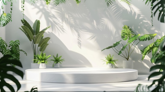 Ein Modell eines runden weißen Podiums mit weißem Hintergrund und grünen Pflanzen für den E-Commerce