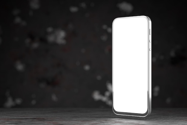 Ein Modell eines Smartphones mit einem weißen Bildschirm für Ihr Design auf einem abstrakten, unscharfen Hintergrund. Vorlage für Ihr Design. 3D-Rendering.