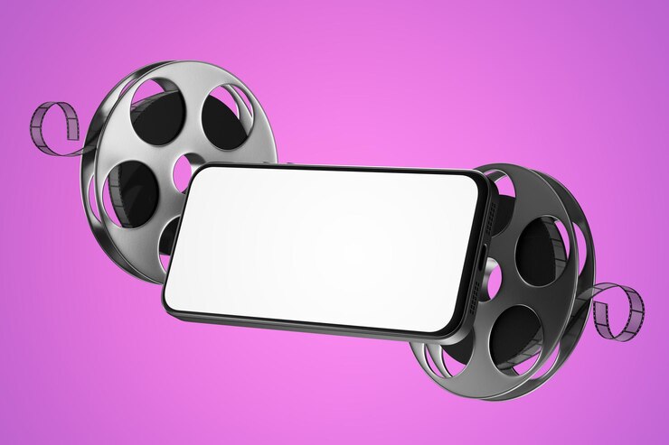 Foto ein modell eines smartphones mit einem weißen bildschirm in horizontaler position auf rosafarbenem hintergrund, filmrollen. online-kinokonzept. ansehen von filmen im internet auf dem phone.3d render.