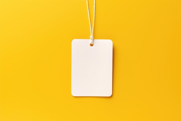 Ein Modell eines weißen, leeren Etiketts mit einem Seil auf gelbem Hintergrund. Platz für Text
