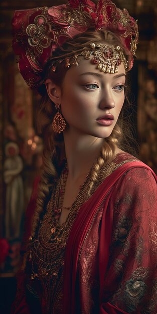 Ein Modell in einem roten Kleid mit Goldperlen