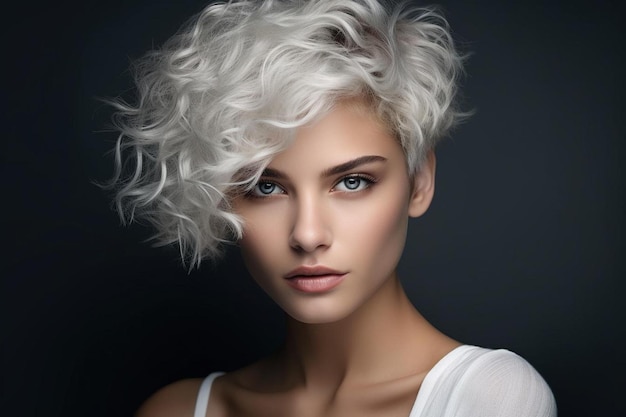 ein Modell mit blonden Haaren und einem weißen Top und einem schwarzen Hintergrund.