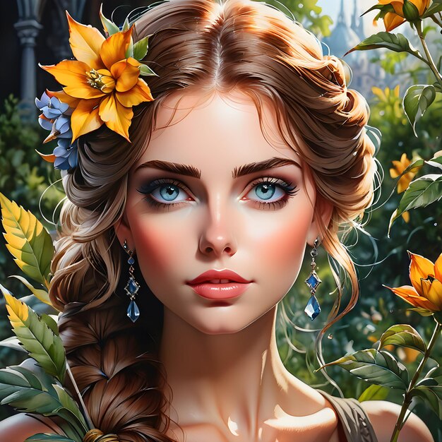ein Modell mit einer Blume im Haar und einer Blume in ihrem Haar