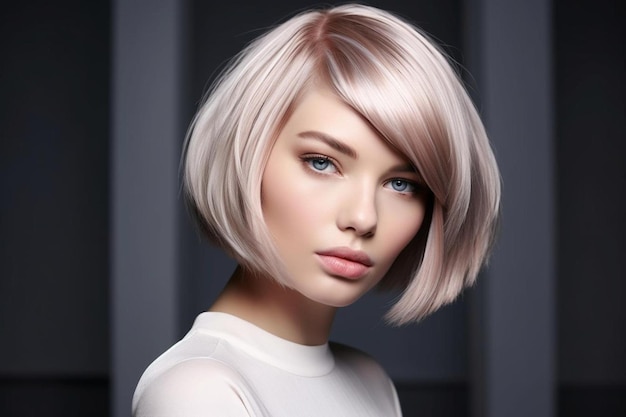 ein Modell mit einer kurzen Bob-Hairstyle und einem weißen Top