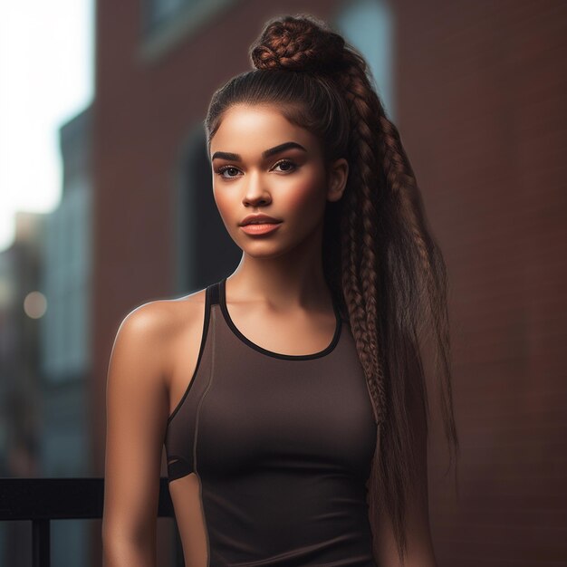 Foto ein modell mit langen haaren und einem zopf in einem schwarzen kleid