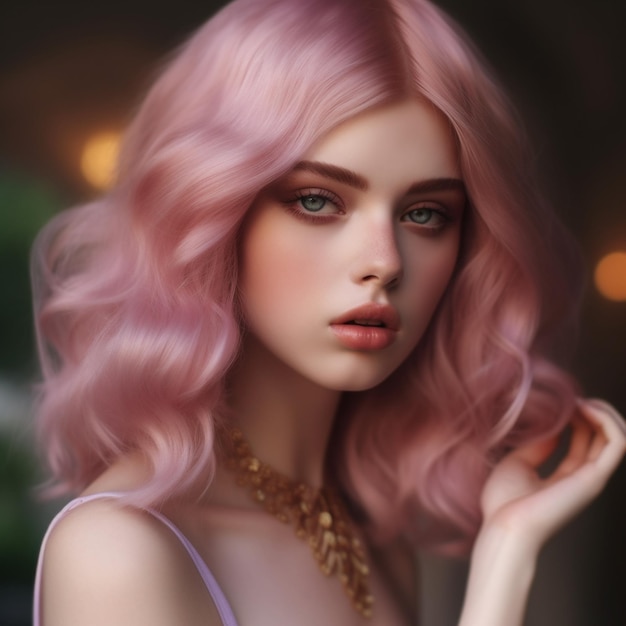 ein Modell mit rosa Haaren und einer Halskette