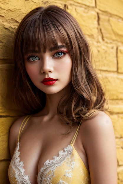 ein Modell mit rotem Lippenstift und einem goldenen BH unter ihrem rechten Auge