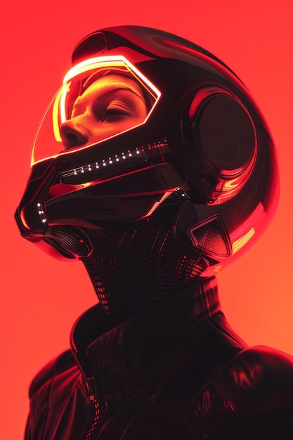 Foto ein modell posiert mit einem anspruchsvollen futuristischen schwarzen helm mit beleuchteten konturen, die sich widersetzen