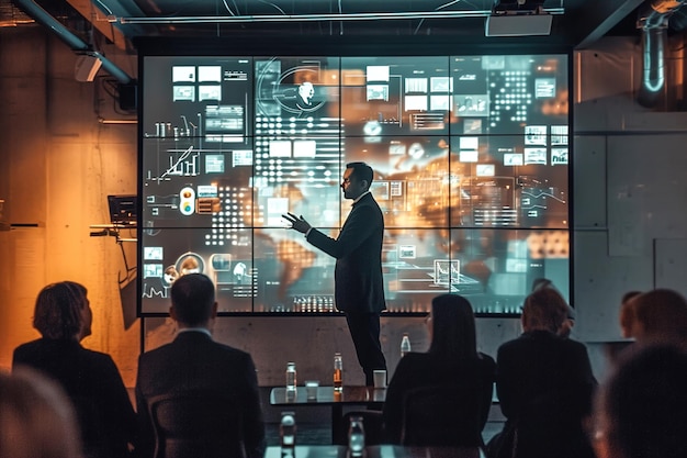 Ein Moderator hält eine virtuelle Keynote-Rede mit ansprechenden Bildern