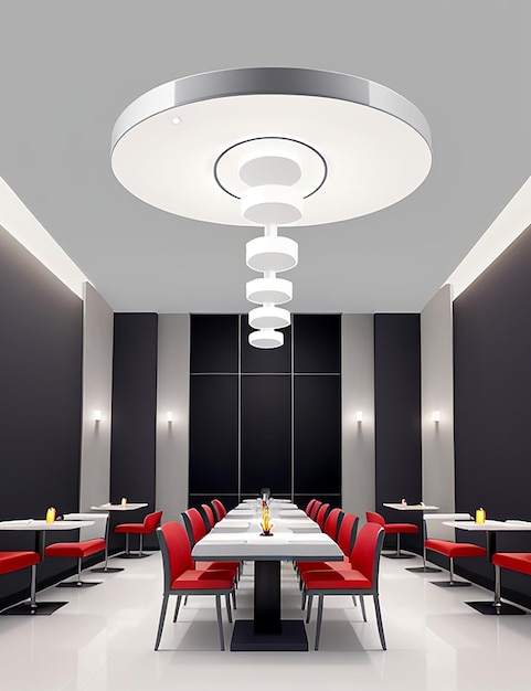 Ein modern-minimalistischer Kronleuchter aus schlankem Metall und geometrischen Formen beleuchtet ein trendiges Restaurant