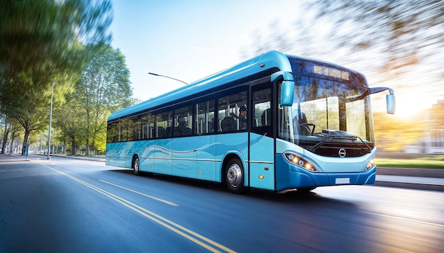 Foto ein moderner blauer öffentlicher elektrischer bus fährt entlang einer stadtstraße mit bäumen auf dem weg zur untergehenden sonne