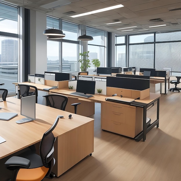 Ein moderner Büroraum mit ergonomischen Schreibtischen, lebendigen Akzenten und natürlichem, durch KI erzeugtem Licht