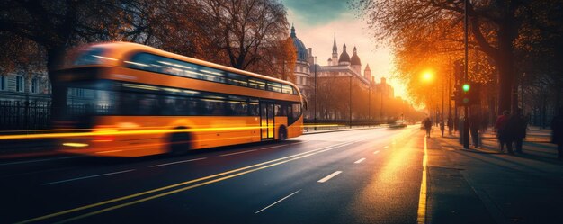 Ein moderner Bus befördert Passagiere in einer Großstadt mit Sonnenuntergang auf einem Urlaubsbanner Generative Ai