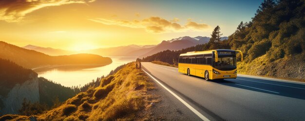 Foto ein moderner bus transportiert passagiere in den bergen mit sonnenuntergang auf einem urlaubsbanner generative ai