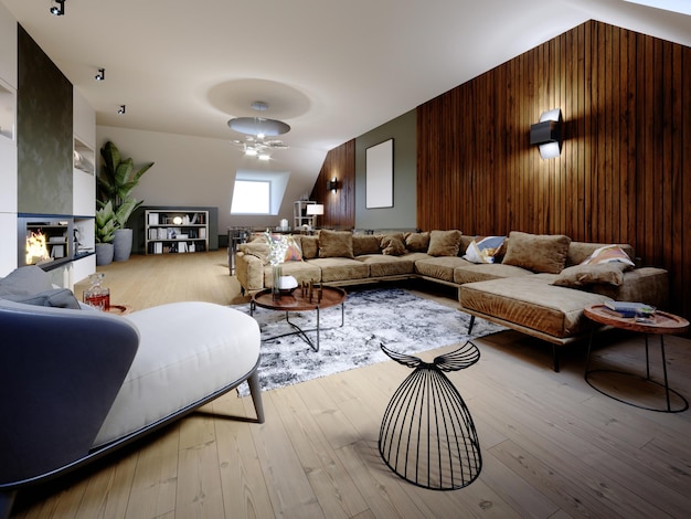 Ein moderner Dachboden mit Wohnraum eine Sitzecke mit großem Ecksofa und Kamin