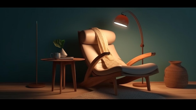 Ein moderner fauler Stuhl gepaart mit einem bequemen Hocker und einer stilvollen Lampe